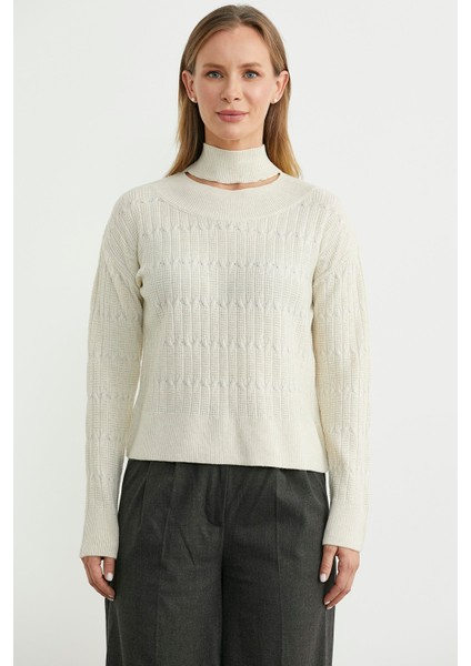 Saç Örgü Basic Dik Yaka Triko Kazak - Taş