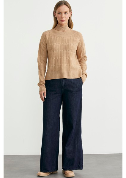 Saç Örgü Basic Dik Yaka Triko Kazak - Kamel