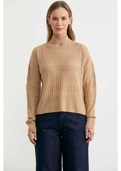 Saç Örgü Basic Dik Yaka Triko Kazak - Kamel fiyatları