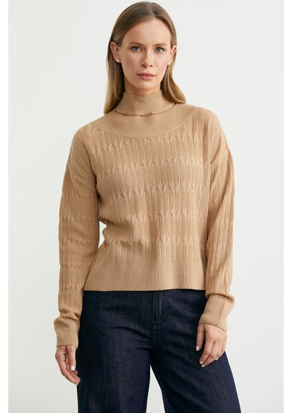 Saç Örgü Basic Dik Yaka Triko Kazak - Kamel modelleri