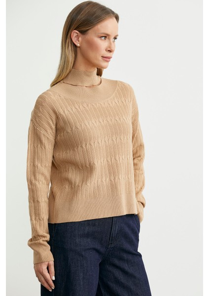 Saç Örgü Basic Dik Yaka Triko Kazak - Kamel fırsatları