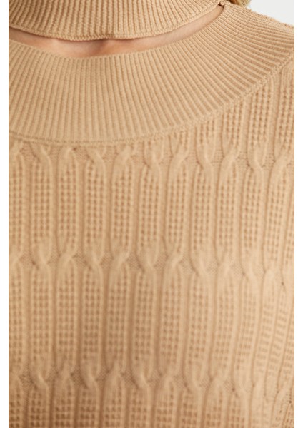 Saç Örgü Basic Dik Yaka Triko Kazak - Kamel indirimleri