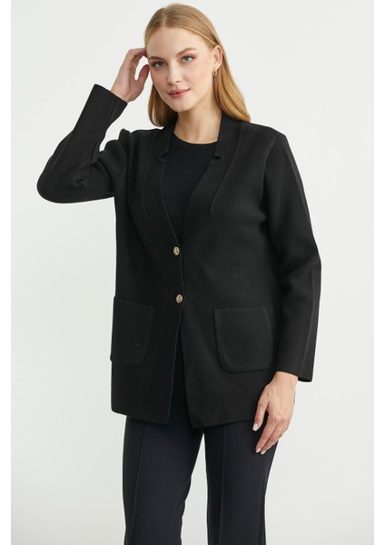 Düğmeli Cep Detaylı Yünlü Triko Ceket - Siyah modelleri