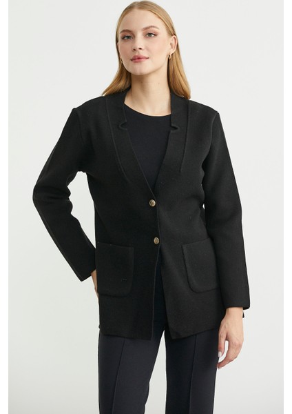 Düğmeli Cep Detaylı Yünlü Triko Ceket - Siyah fırsatları