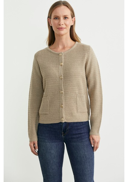 Dore Düğme Detaylı Yünlü Triko Hıırka - Bej