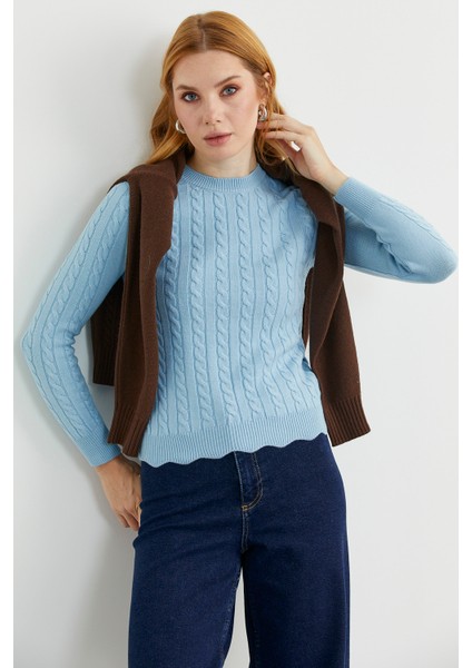 Dilimli Saç Örgülü Triko Kazak - Mavi