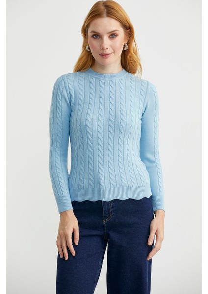Dilimli Saç Örgülü Triko Kazak - Mavi indirimleri