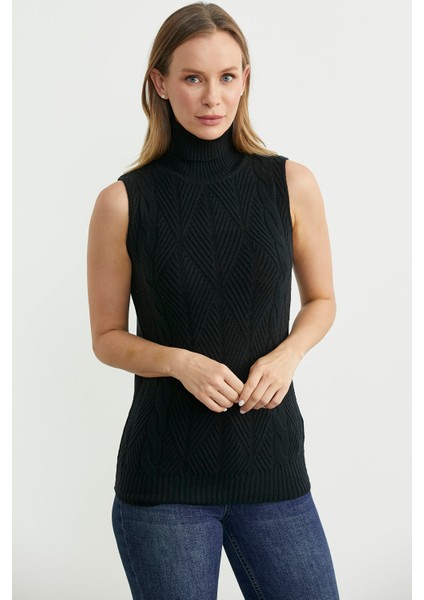 Tam Balıkçı Kolsuz Triko Kazak - Siyah