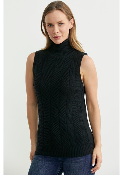 Tam Balıkçı Kolsuz Triko Kazak - Siyah fiyatları