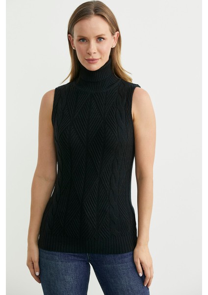 Tam Balıkçı Kolsuz Triko Kazak - Siyah modelleri