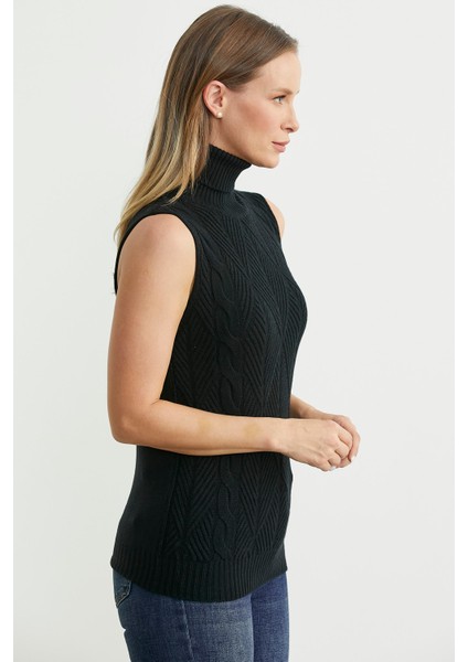 Tam Balıkçı Kolsuz Triko Kazak - Siyah fırsatları