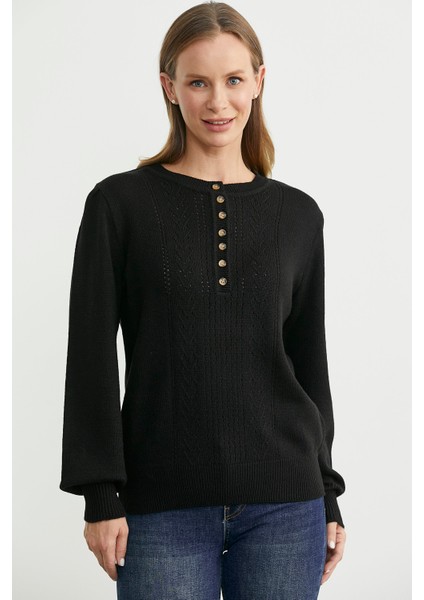 Yarım Düğmeli Yuvarlak Yaka Triko Kazak - Siyah