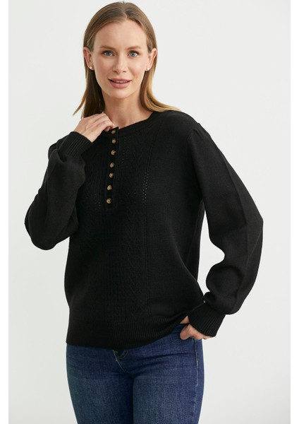 Yarım Düğmeli Yuvarlak Yaka Triko Kazak - Siyah fiyatları