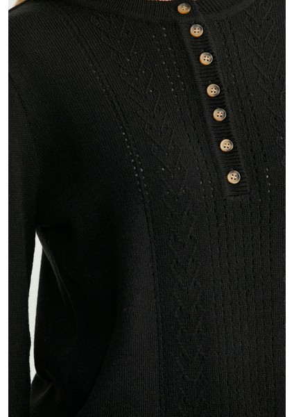 Yarım Düğmeli Yuvarlak Yaka Triko Kazak - Siyah modelleri