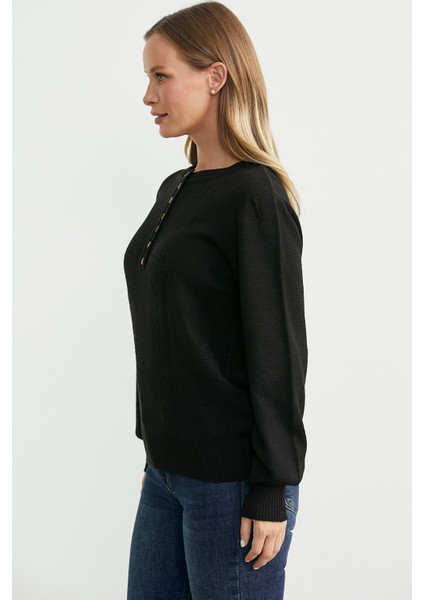 Yarım Düğmeli Yuvarlak Yaka Triko Kazak - Siyah fırsatları