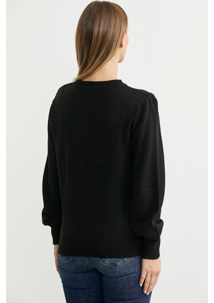 Yarım Düğmeli Yuvarlak Yaka Triko Kazak - Siyah indirimleri