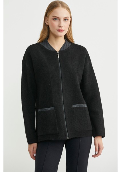 Fermuarlı Cep Detaylı Yünlü Triko Ceket - Siyah