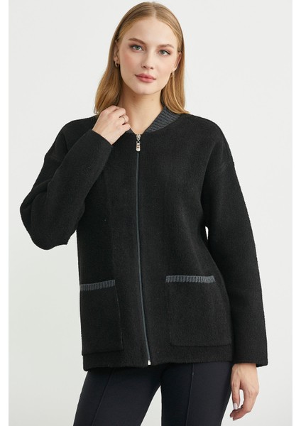 Fermuarlı Cep Detaylı Yünlü Triko Ceket - Siyah modelleri