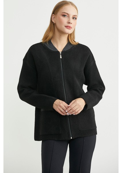 Fermuarlı Cep Detaylı Yünlü Triko Ceket - Siyah fırsatları