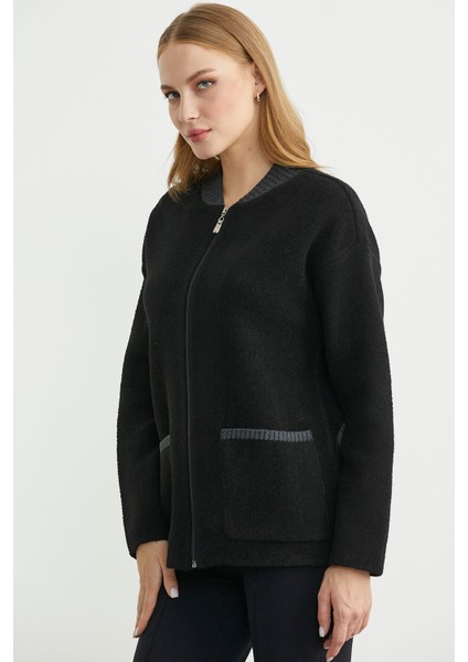 Fermuarlı Cep Detaylı Yünlü Triko Ceket - Siyah indirimleri