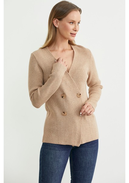 Maskülen Kruvaze Triko Ceket - Bej fiyatları