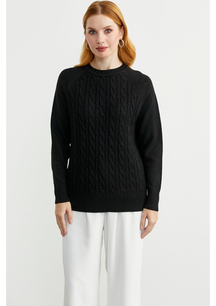 Motifli Daire Yaka Triko Kazak - Siyah fiyatları