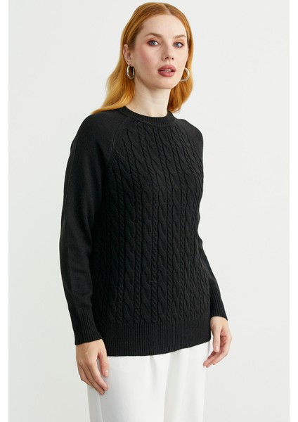 Motifli Daire Yaka Triko Kazak - Siyah modelleri