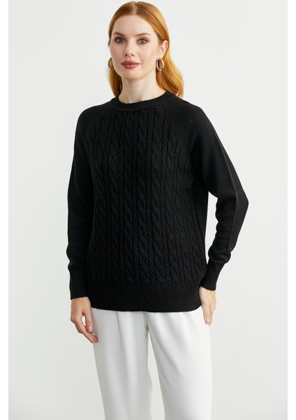 Motifli Daire Yaka Triko Kazak - Siyah fırsatları