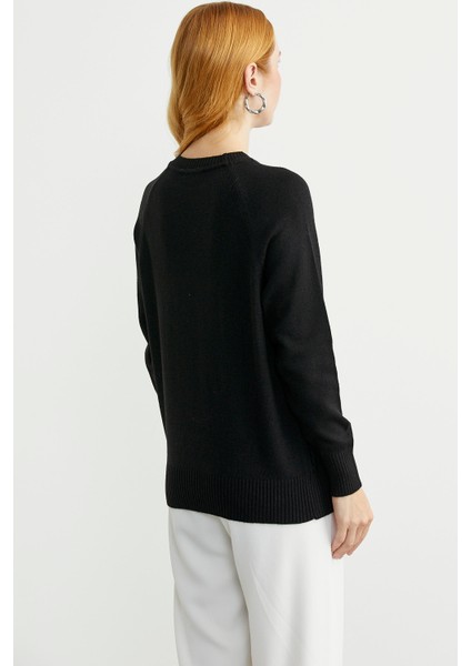 Motifli Daire Yaka Triko Kazak - Siyah indirimleri