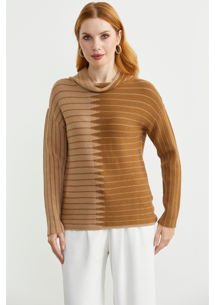 Dik Yaka Kontrast Triko Kazak - Bej