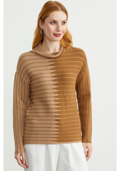 Dik Yaka Kontrast Triko Kazak - Bej modelleri