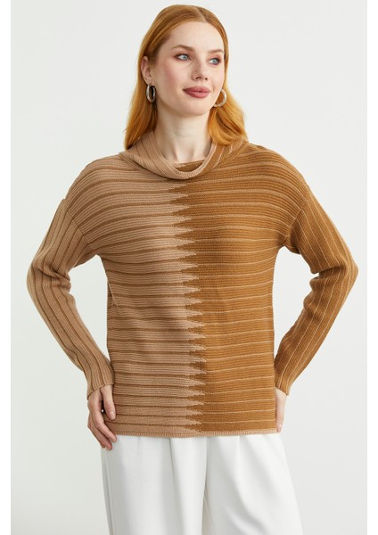 Dik Yaka Kontrast Triko Kazak - Bej fırsatları