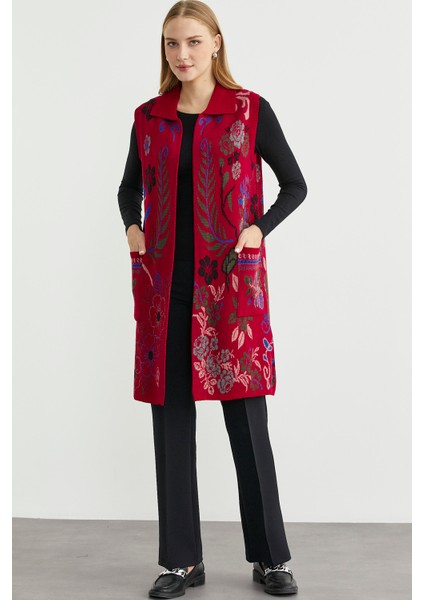 Renkli Çiçek Motifli Yünlü Uzun Triko Yelek - Kırmızı