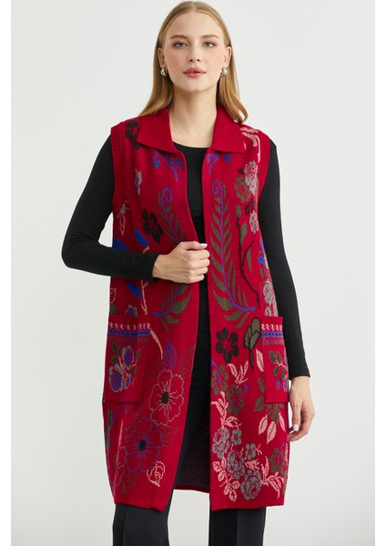 Renkli Çiçek Motifli Yünlü Uzun Triko Yelek - Kırmızı fiyatları