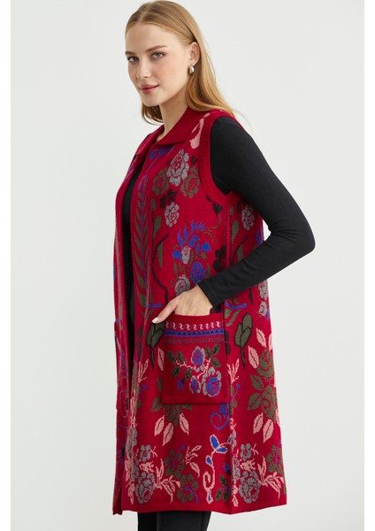 Renkli Çiçek Motifli Yünlü Uzun Triko Yelek - Kırmızı fırsatları