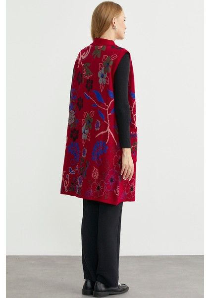 Renkli Çiçek Motifli Yünlü Uzun Triko Yelek - Kırmızı indirimleri