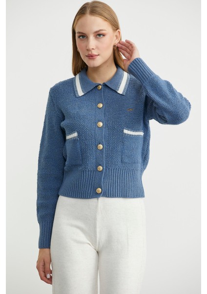 Polo Yaka Düğmeli Triko Hırka - Indigo