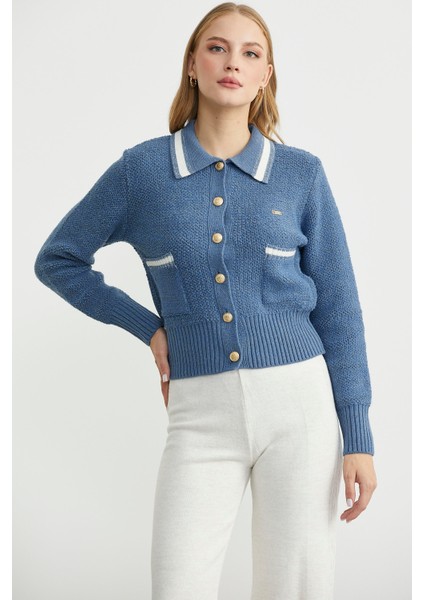 Polo Yaka Düğmeli Triko Hırka - Indigo fırsatları