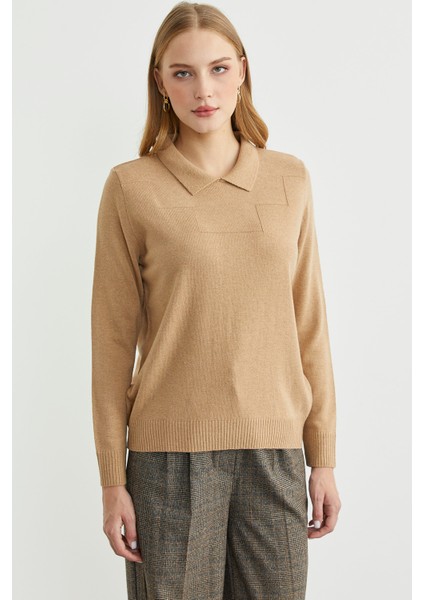 Bebe Yaka Yünlü Triko Kazak - Kamel indirimleri