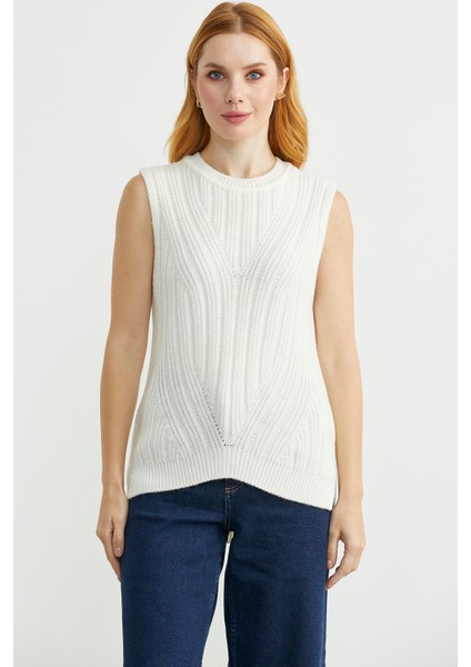 Arkası Uzun Bisiklet Yaka Yünlü Triko Süveter - Kemik