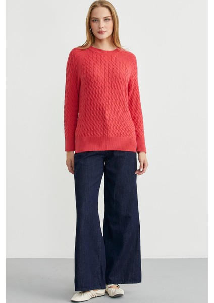 Saç Örgü Motifli Yuvarlak Yaka Triko Kazak - Gül