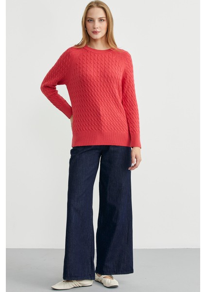 Saç Örgü Motifli Yuvarlak Yaka Triko Kazak - Gül fiyatları