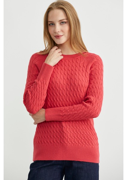 Saç Örgü Motifli Yuvarlak Yaka Triko Kazak - Gül modelleri