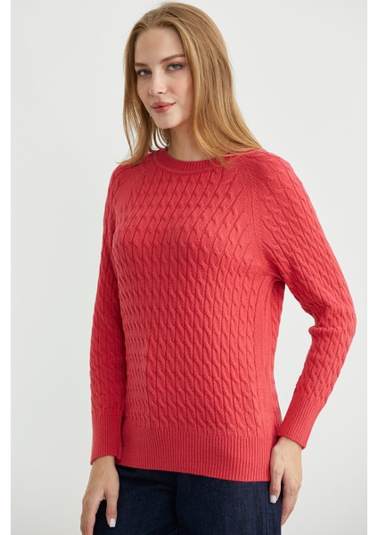 Saç Örgü Motifli Yuvarlak Yaka Triko Kazak - Gül fırsatları