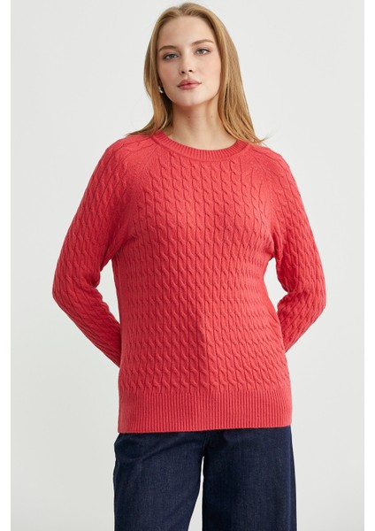 Saç Örgü Motifli Yuvarlak Yaka Triko Kazak - Gül indirimleri