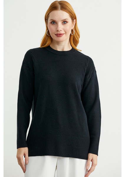 Kol Detaylı Sıfır Yaka Tunik Triko Kazak - Siyah