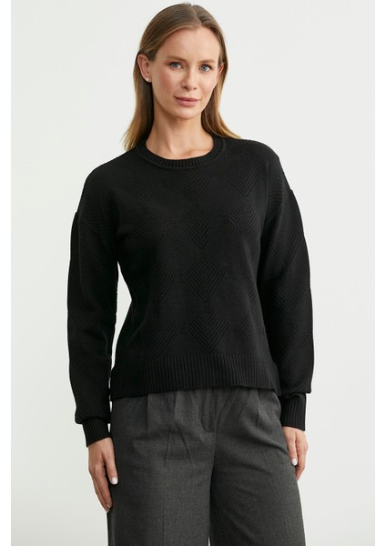 Renge Renk Motifli Triko Kazak - Siyah