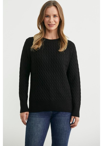 Saç Örgü Motifli Yuvarlak Yaka Triko Kazak - Siyah