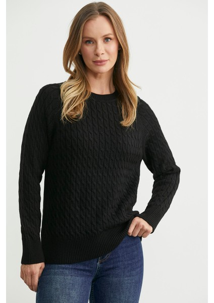 Saç Örgü Motifli Yuvarlak Yaka Triko Kazak - Siyah fiyatları