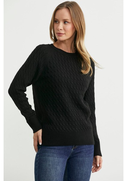 Saç Örgü Motifli Yuvarlak Yaka Triko Kazak - Siyah modelleri